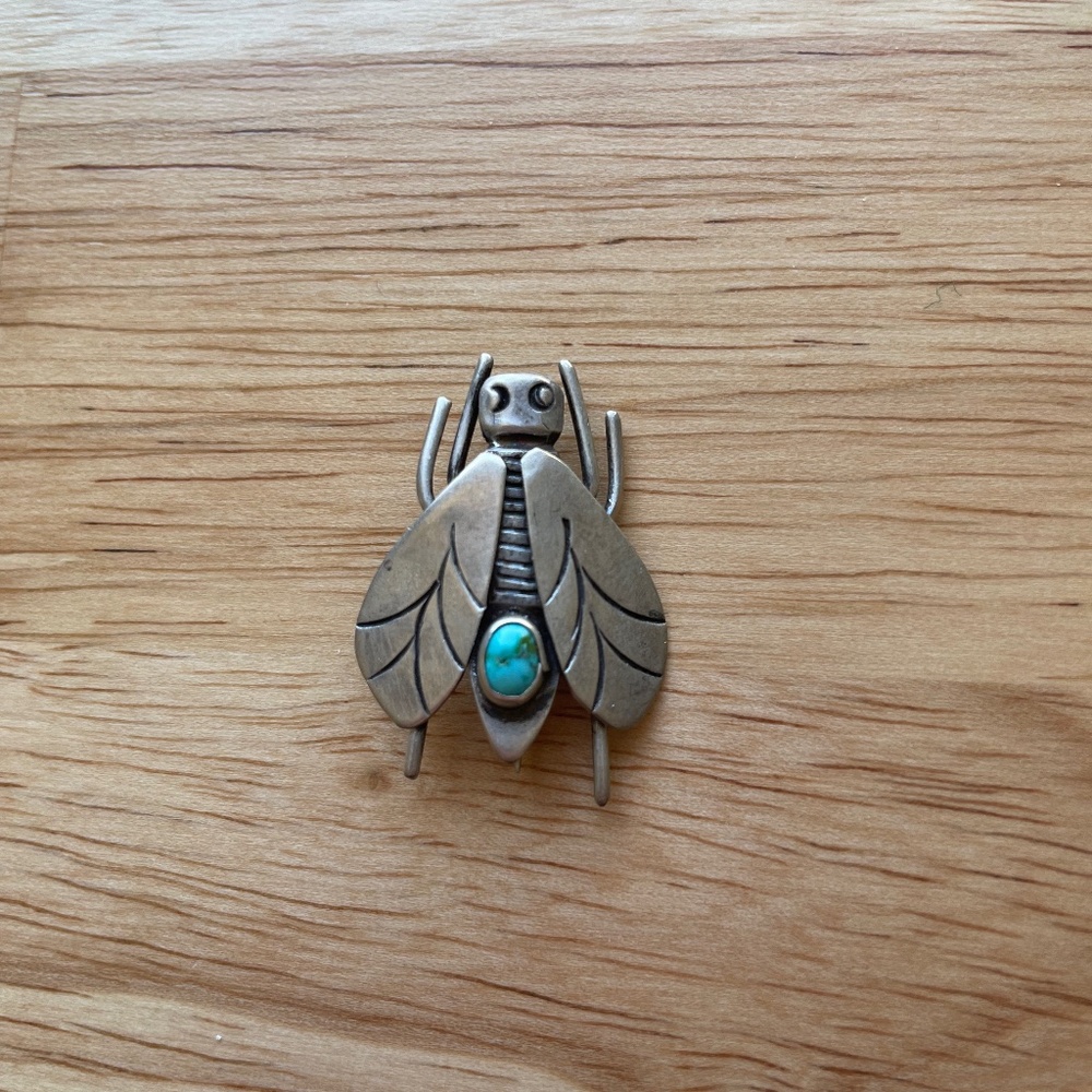 Vintage Sterling Silver and Turquoise Navajo Bug Pin Brooch Fly Bee Insect
